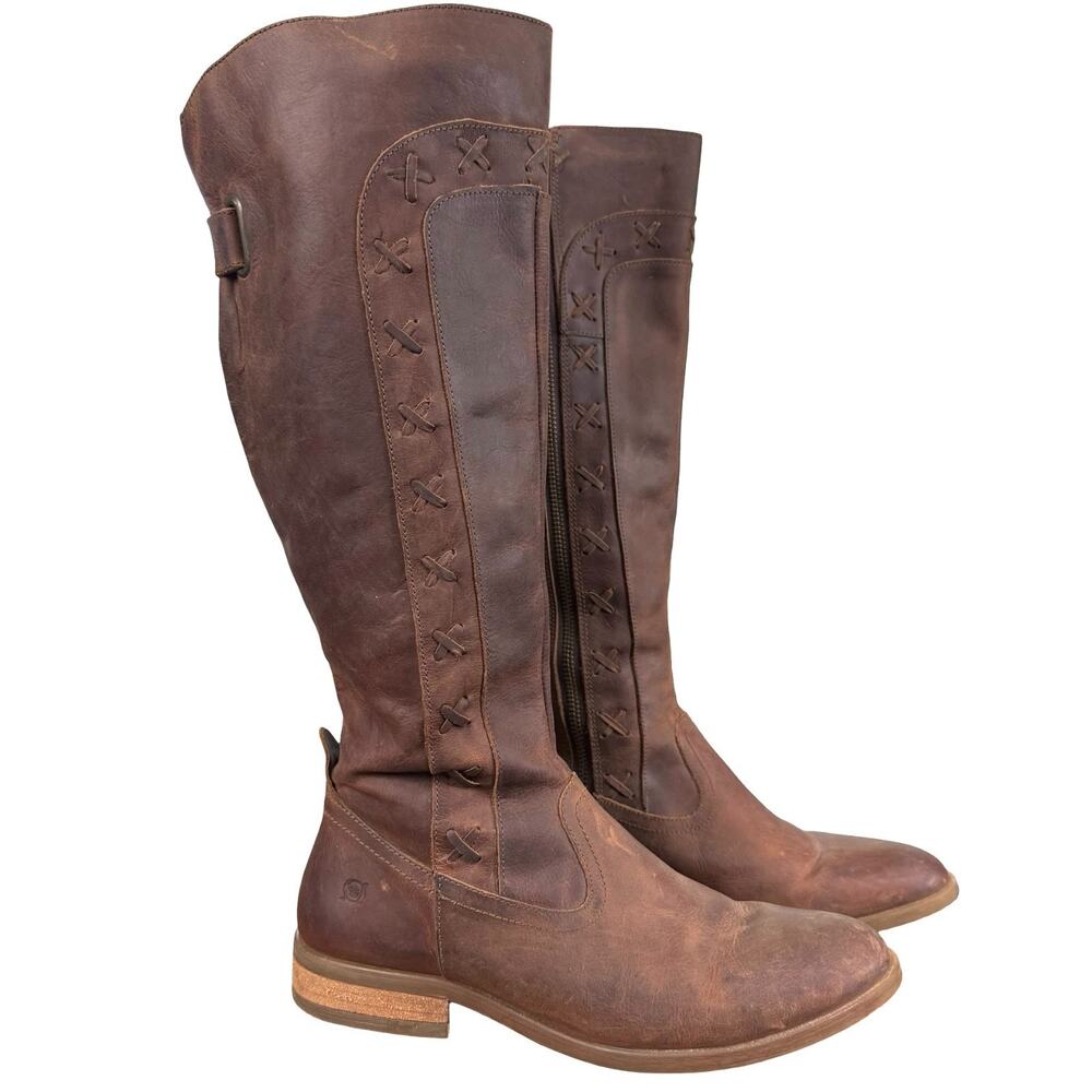 Born Albi Oiled Brown Leather Tall Riding Boots Shoes Side Zip Western sz 7.5